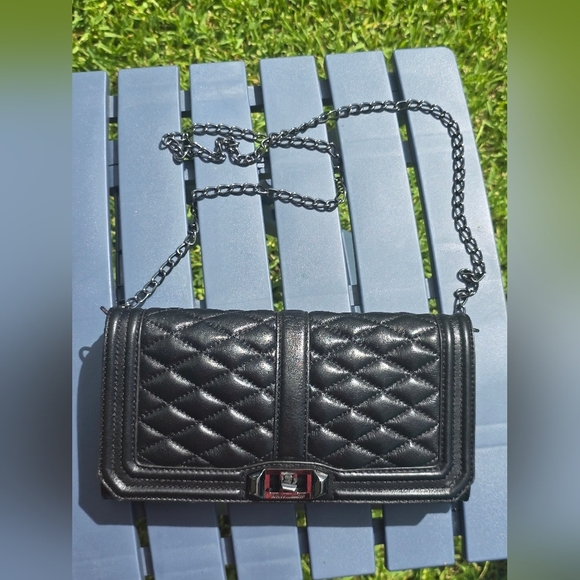 $298 Rebecca Minkoff Quilted Black Leather Love Crossbody Chain Bag Womens - Picture 9 of 14